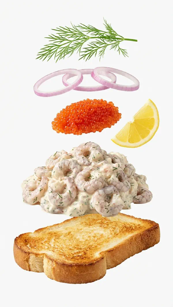 Toast skagen assembly with prawns and lumpfish roe © kvalifood.com