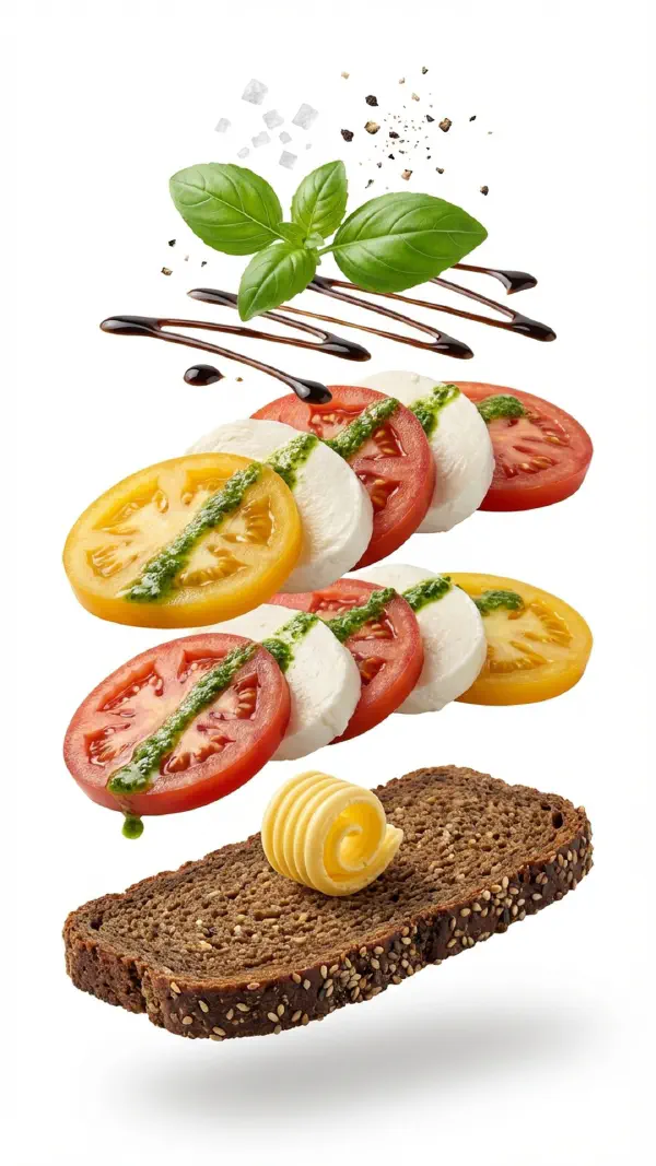 Tomato open sandwich assembly with mozzarella and basil © kvalifood.com