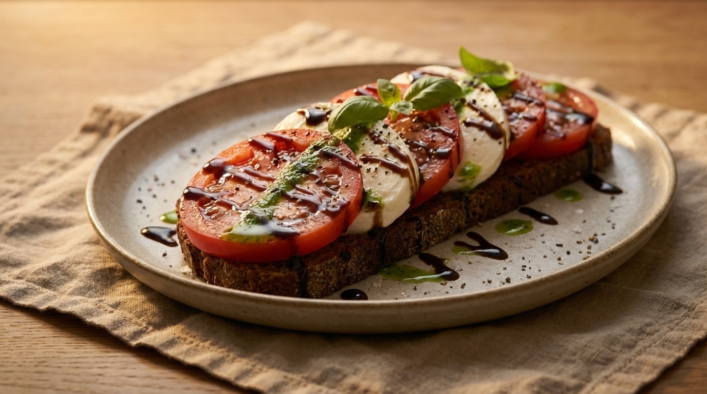 Smørrebrød with Tomato, Mozzarella and Basil