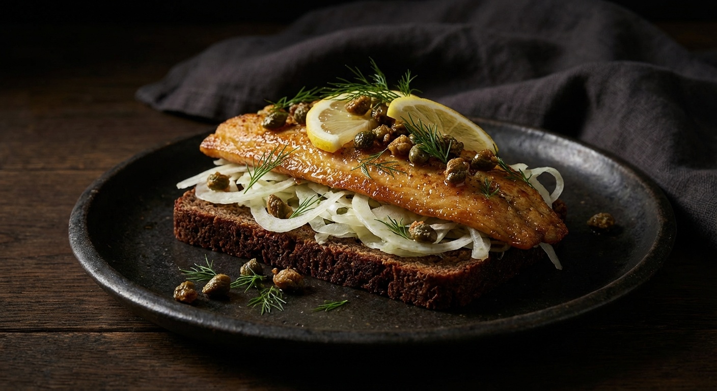 Smørrebrød with Trout Fillet, Capers and Fennel