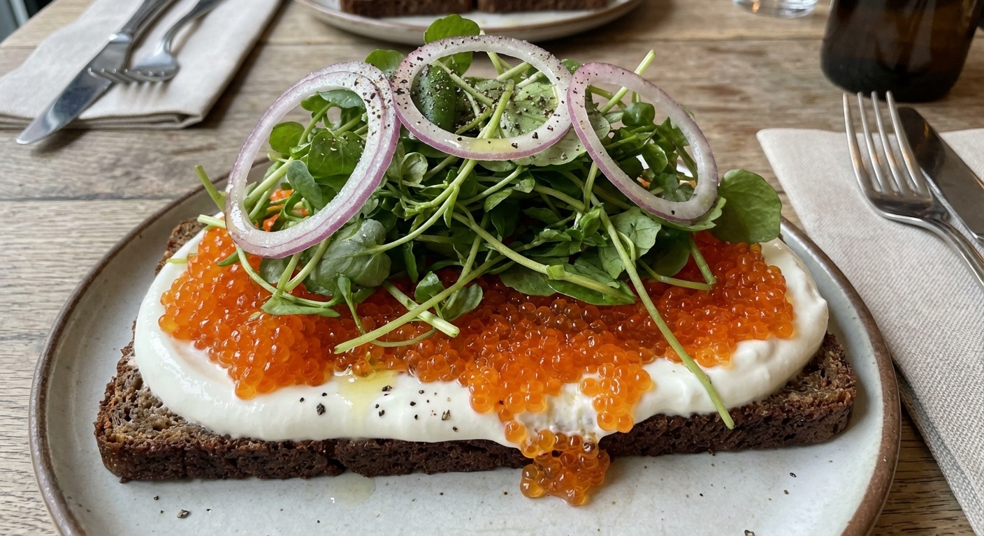 Smørrebrød with Trout Roe, Watercress and Quark