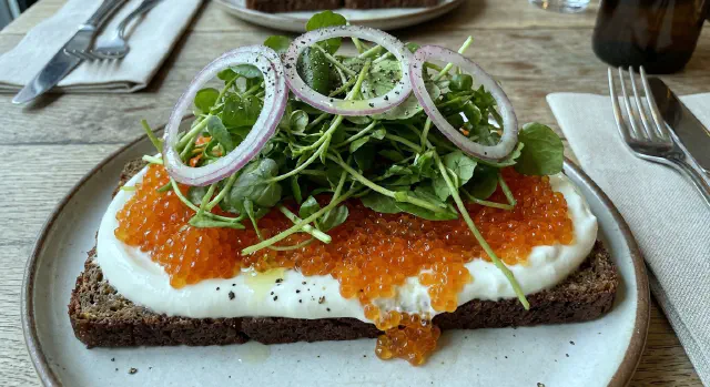 Smørrebrød with Trout Roe, Watercress and Quark