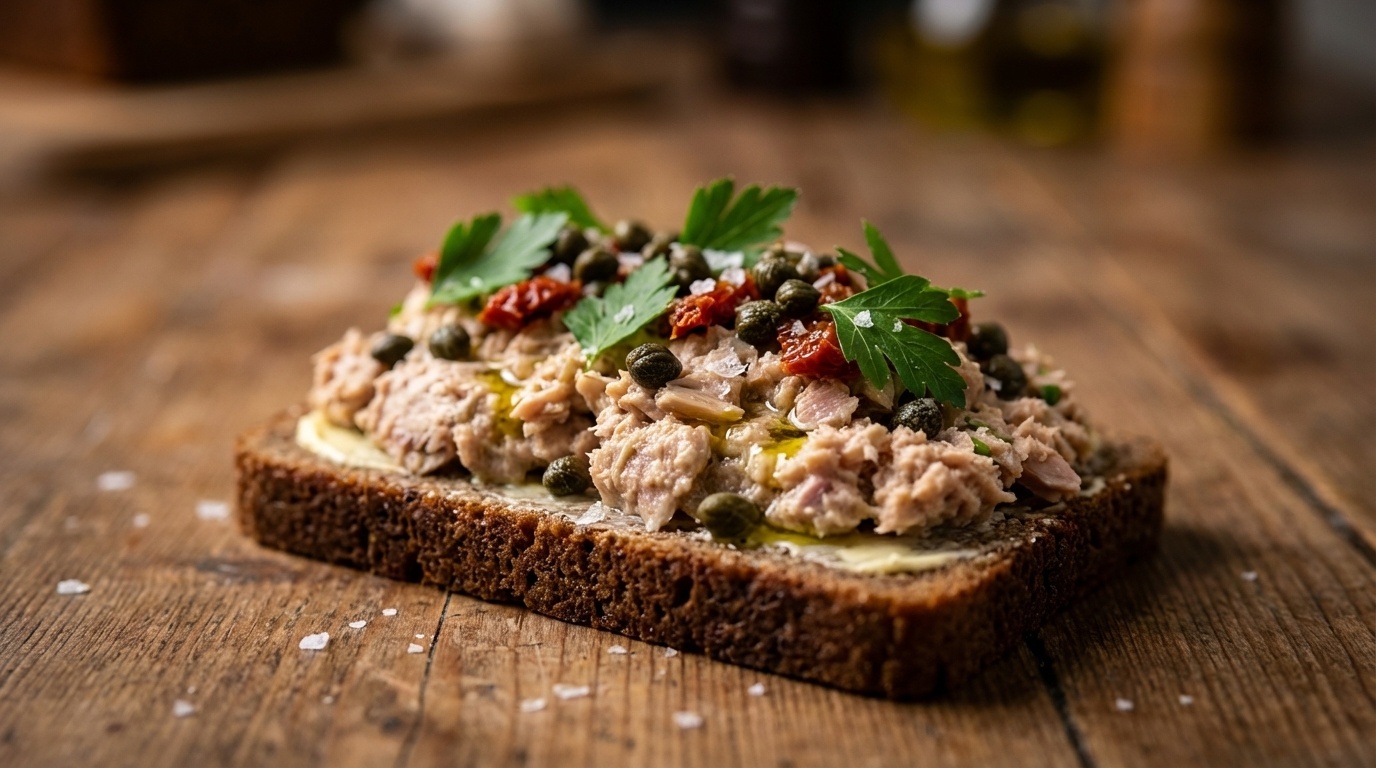 Smørrebrød with Tuna Salad, Capers and Olive Oil