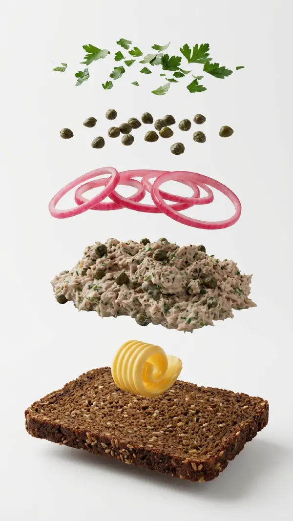 Tuna salad assembly with pickled red onions and capers © kvalifood.com