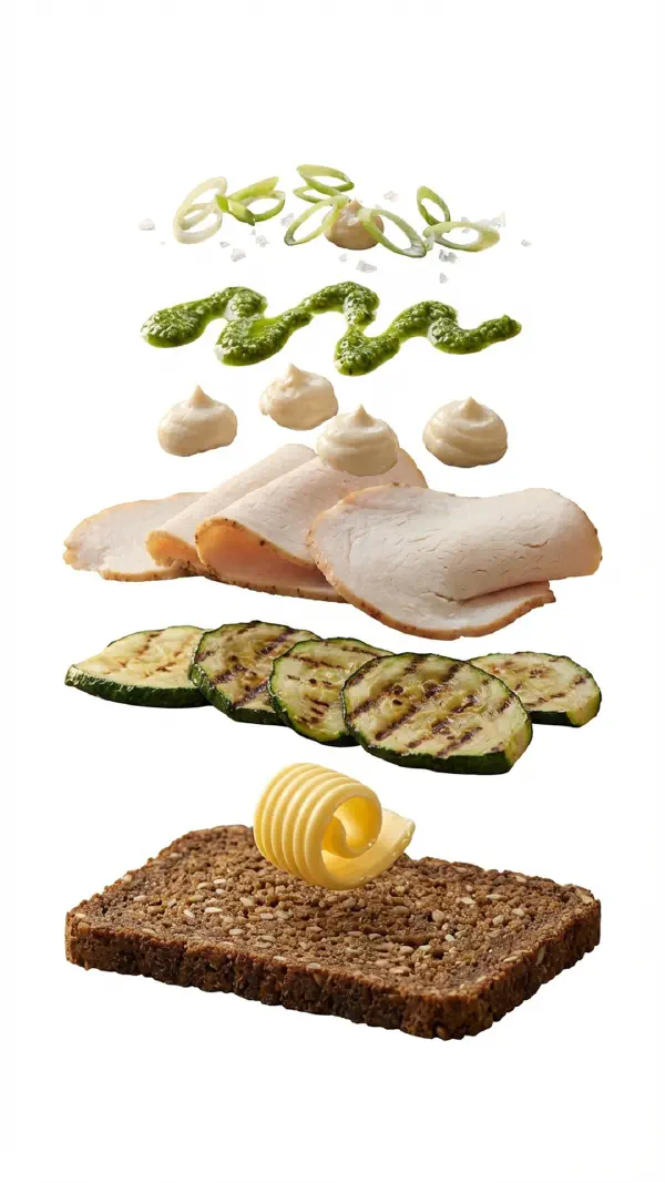 Turkey breast with grilled courgette and pesto assembly © kvalifood.com