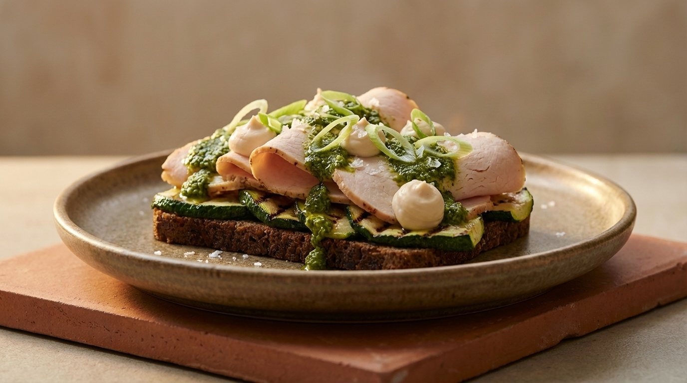 Smørrebrød with Turkey Breast, Grilled Courgette and Pesto
