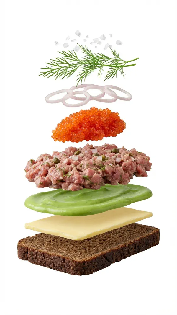 Veal tartare with lumpfish roe and asparagus mayo assembly © kvalifood.com