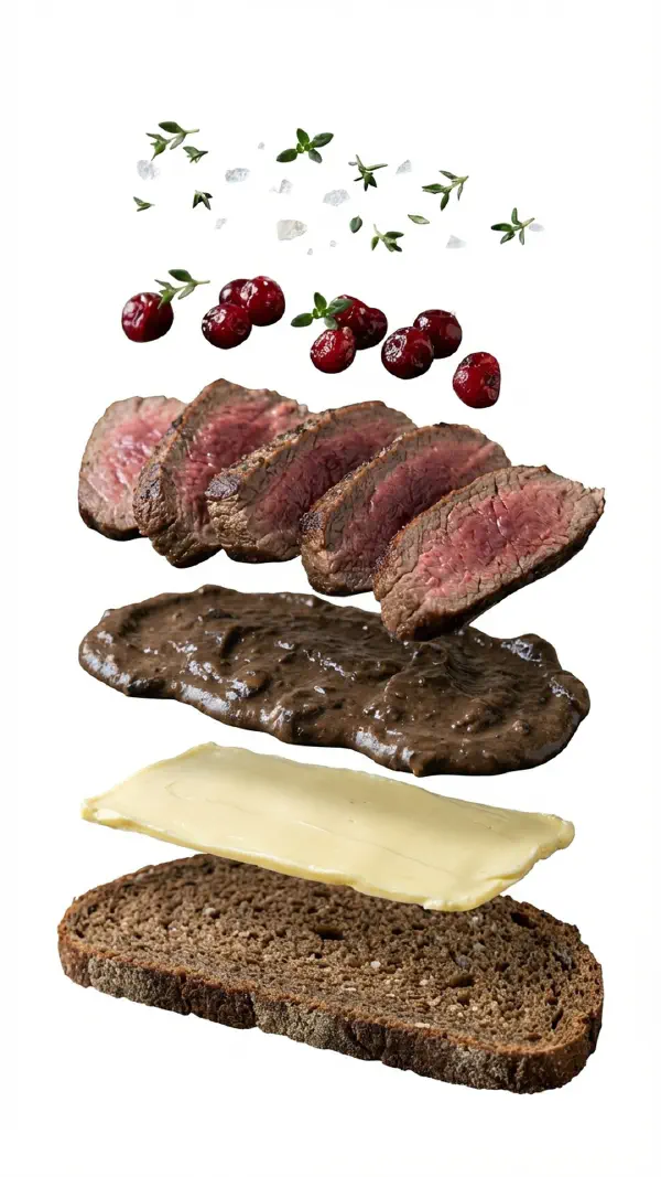 Venison with mushroom cream and cranberries assembly © kvalifood.com