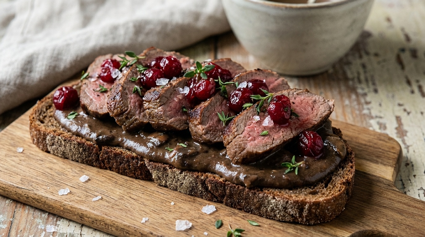Smørrebrød with Venison, Mushroom Cream and Cranberries
