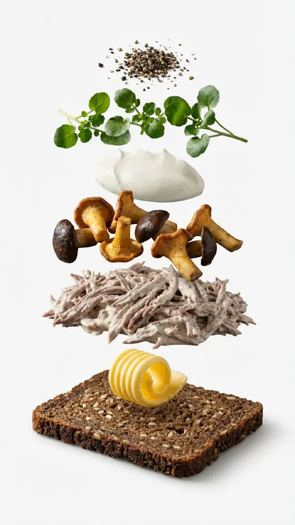 Venison salad with pickled mushrooms and juniper cream assembly © kvalifood.com