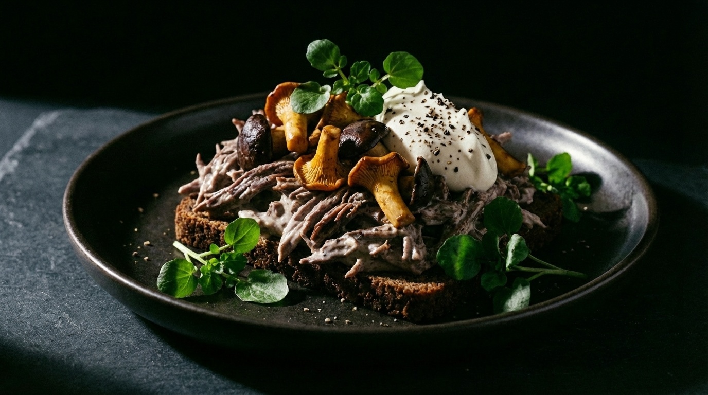 Smørrebrød with Venison Salad, Pickled Mushrooms and Juniper Cream