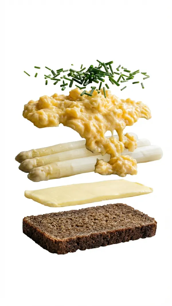 White asparagus with scrambled eggs and chives assembly © kvalifood.com