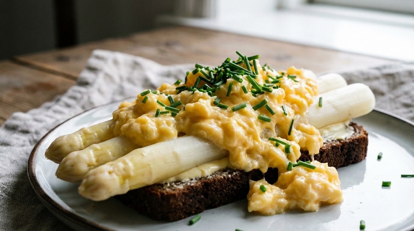 Smørrebrød with White Asparagus and Scrambled Eggs