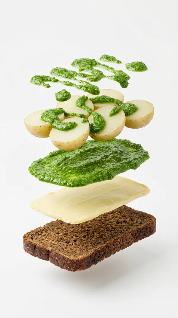 Wild garlic pesto with new potatoes assembly © kvalifood.com