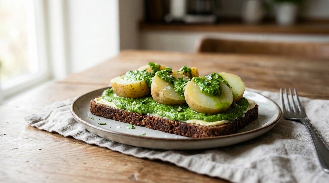 Smørrebrød with Wild Garlic Pesto and New Potatoes