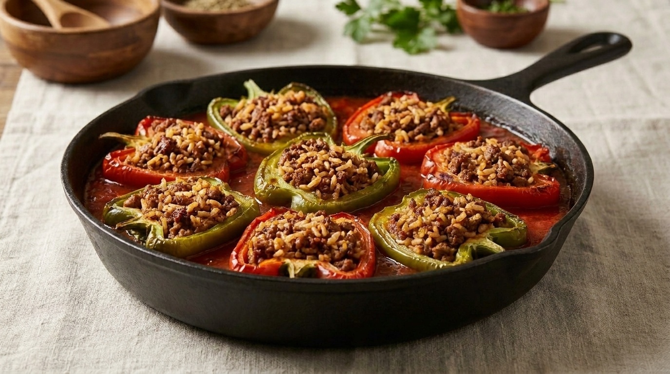 Stuffed Peppers with Minced Beef, Rice and Tomatoes