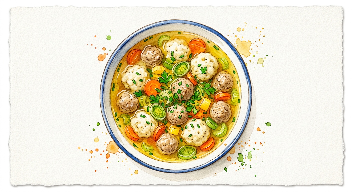 Traditional Danish Clear Chicken Soup with Meatballs and Dumplings