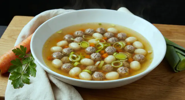 Traditional Danish Clear Chicken Soup with Meatballs and Dumplings