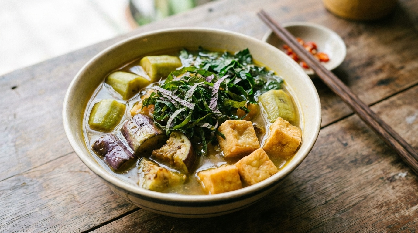 Vietnamese Green Banana, Tofu, and Eggplant Soup (Canh Chuối Đậu Cà Bung)