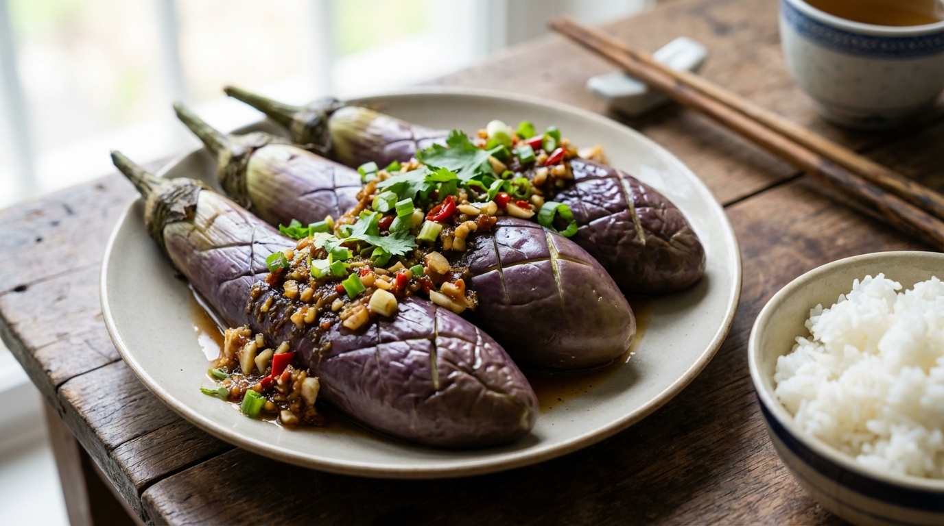 Vietnamese Steamed Eggplant with Ginger Sauce (Cà Tím Hấp Gừng)