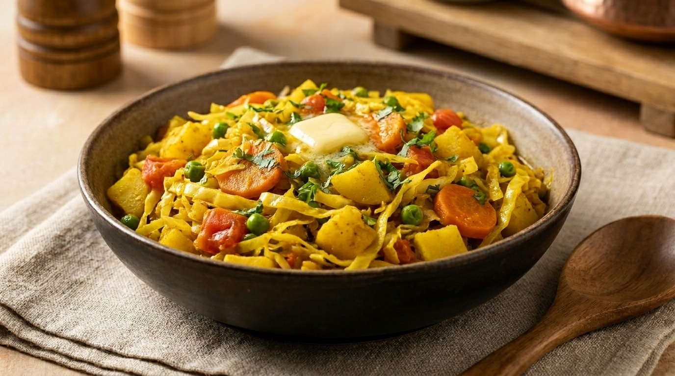 White Cabbage Fried in Chilli with Potatoes, Peas and Carrots