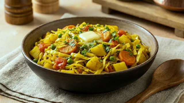 White Cabbage Fried in Chilli with Potatoes, Peas and Carrots